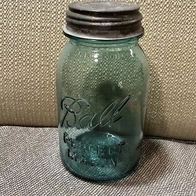 Vintage Blue/Green Quart Ball Perfect Mason Jars With Zinc Milk Glass Lid • $12