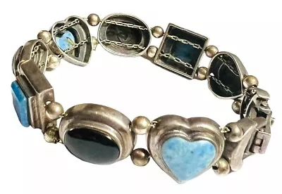 Vtg Sterling Silver Slide Bracelet Denim Lapis Onyx Heart Thailand 7” NICE 35g! • $49.99