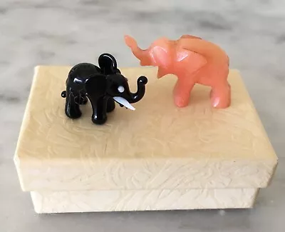 (2) Vintage Miniature Tiny Glass Elephants Figurines Pink Black W White Tusks • $9.99