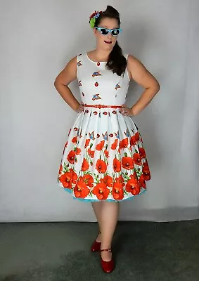Vintage 50's Monroe Style Pleated Poppy Flower ANZAC  Remembrance Flare Dress • $59.96