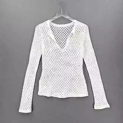 VINTAGE BANANA REPUBLIC Crochet Tunic Top Womens Medium White Long Sleeve Y2K • $48.95
