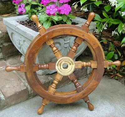 Ship's Teak Wood Steering Wheel 24 Inch Antique Style Brass Center • $71