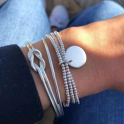 £4.99 • Buy Silver Stacking Bangle Set Beaded Charms Infinity Bangle Bracelet Set