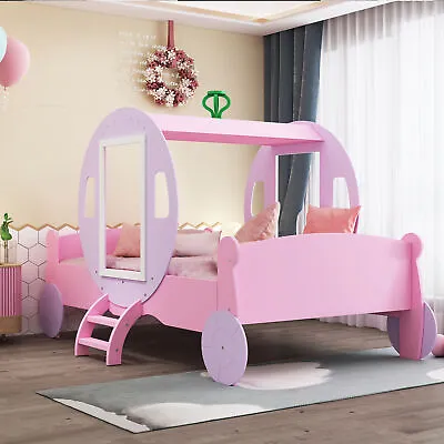 Kids Wooden Princess Carriage Pink Toddler Bed 3ft Single Mid Sleeper For Girls • £385.12