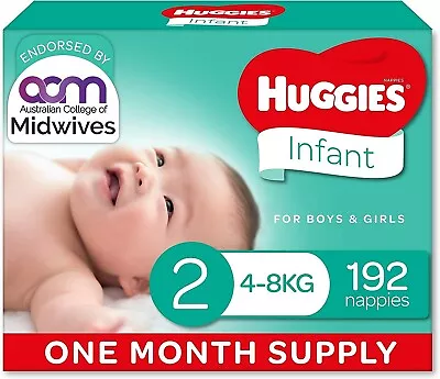 Huggies Infant Nappies Size 2 (4-8kg) 192 Count One Month Supply-Au • $82.49