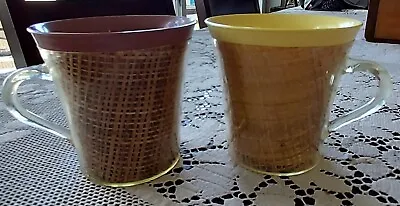 Vintage Raffiaware Mugs Cups MCM Burlap Insulated Set Of 2 Thermal Plastic GUC • $10.90