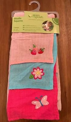 Green Sprouts Muslin Squares 26 X 26 3 Pieces Strawberry Flower Butterfly Nwt • $25