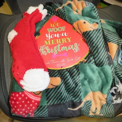 Plush Christmas Throw Dachshund  Woof Dog Plaid Green W/ Holiday Socks NWT • $29.99