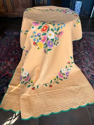 Antique/ Vintage Hand Stitched Sewn Applique Quilt Flowers 90 X65  GORGEOUS • $475