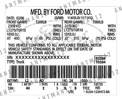 CUSTOM FORD Decal Sticker ID Label Tire Loading Information VIN# USA 3M STICKER • $99.99