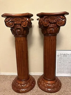35.5  Hand Carved Hardwood Inlaid Rose Marble Classic Greek Fluted Column Stand • $249