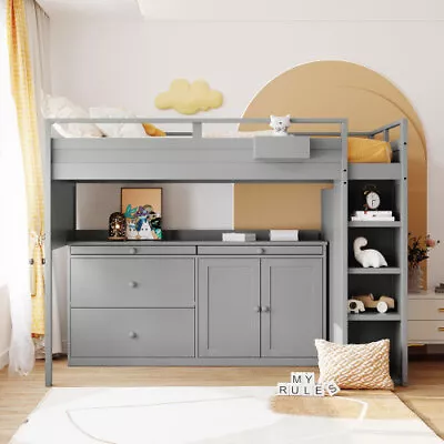 Loft Bed With Desk And Rolling Cabinet Staircases Solid Wood Bedroom Furniture • $669.99