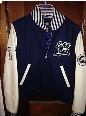 Ecko Red Varsity Navy Blue Jacket Coat Genuine Leather Sleeves Rare XL • $89