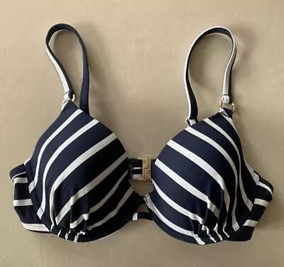 New Ex M&S Navy White Stripe Underwired Padded Plunge Bikini Top Hipster Briefs • £9.99