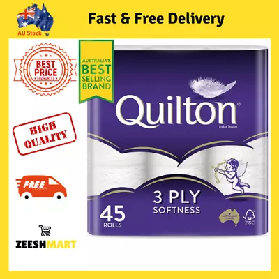 Toilet Paper 45 Rolls Quilton 3 Ply White Soft Tissue Bulk • $34.66