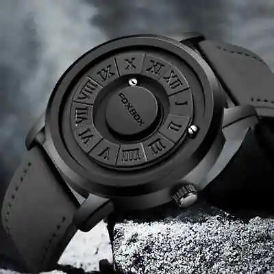 FOXBOX Magnetic Bead Mens Watch Black Novelty Dress Casual Faux Leather Band • $26.50