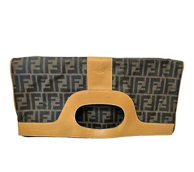 Vintage Fendi Zucca Fold Over Bag  Clutch Logo Leather Canvas • $350