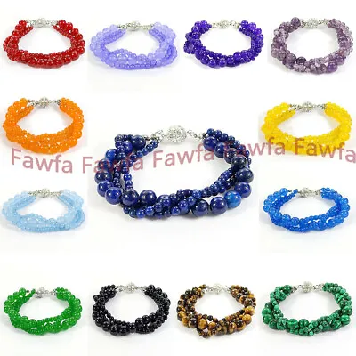 Natural 3 Strands 4mm 8mm Round Gems Beads Twisted Bracelet 7.5'' Magnetic Clasp • $6.20