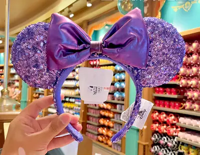 NEW Disney Purple Minnie Mouse Bow Sequins Potion Iridescent Headband Ears 2023 • $14.55