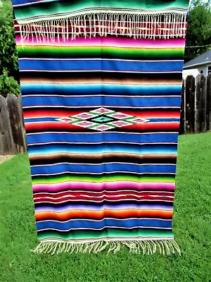 Vtg 40's  Multicolor Eyedazzler Wool Mexican Saltillo Serape Camp Blanket Unused • $73