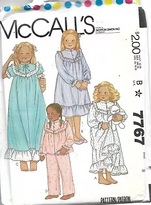 McCalls #7767 GIRLS' NIGHTGOWN AND PAJAMAS Uncut Sewing Pattern Size 8 • $8