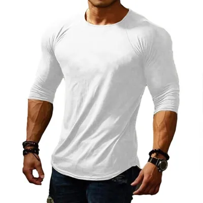 Mens Slim Muscle Fit Long Sleeve T Shirt Gym Designer Plain Curved Hem Tee Top • £12.54