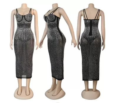 Women Sparkly Rhinestones Bandage Spaghetti Strap Party Backless Midi Dress #S6 • $38.88