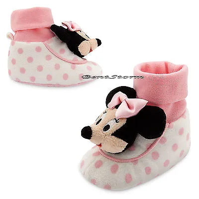 Minnie Mouse Head Pink/White Polka Dot BABY Plush Slippers Disney Store 12-18M • $19.95
