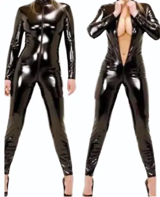 £17.99 • Buy Womens Black PVC Catsuit Wetlook Full Length Bodysuit Plus Size Clubwear Party 