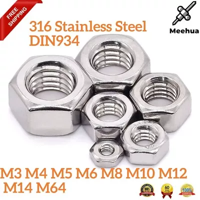 316 Stainless Steel DIN934 Hexagon Nuts Hex Nuts M3 M4 M5 M6 M8 M10 M12 M14 M64 • $20.23