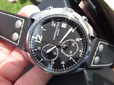 Hamilton Khaki Pilot Pioneer Mens Black Leather Date Chronograph Watch H76512733 • £160