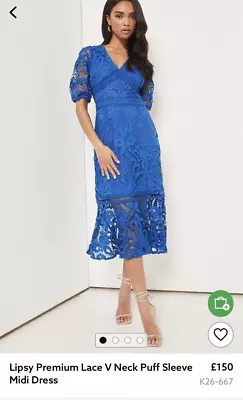 £50 • Buy Lipsy Premium Lace V Neck Puff Sleeve Midi Dress