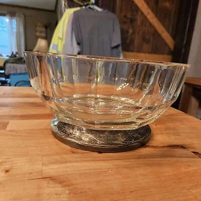 Vintage Crystal Salad Bowl Italian Thick With Panels Silver Plate Base 1960s  • $30