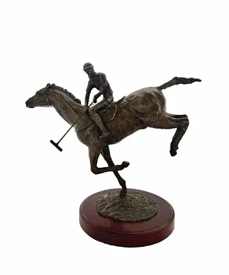 Jockey On Horse Statue Vintage Metal Rider Equestrian Figurine On Wooden Base • $440