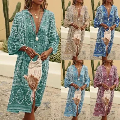 $31.59 • Buy Women Midi Dress Floral Print Summer Dresses Ladies Sexy 3/4 Sleeve Beach Kaftan