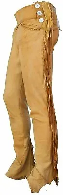 Men Native American Western Soft Buckskin Buffalo Ragged Leather Pants Nl02 • $90.86