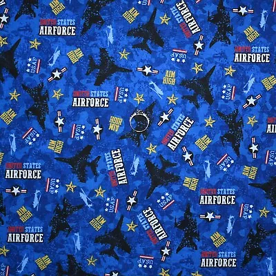 BonEful FQ Cotton Quilt Blue Red USAF Black American Jet Plane Soldier Gold Star • $5.07