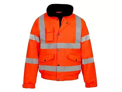 Orange Hi Viz Visibility Fleece Lined Bomber Jacket Work Waterproof Security  • £18.95