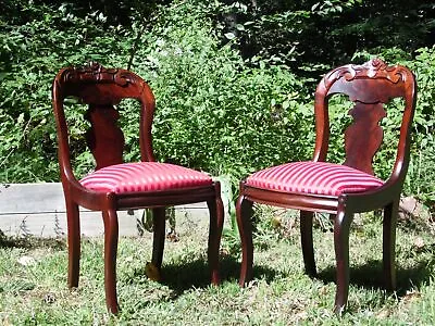 Antique Pair Hand Carved Flame Mahogany American Empire Dining Chairs 19th C. • $607.50