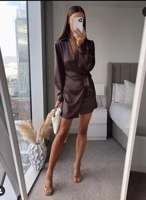 $39 • Buy SALE!! ZARA NWT WOMAN V-NECK SATIN DRESS Dark Brown | 4688/310 ALL SIZES