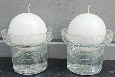 Two Crackle Glass Flared Top Tea Lights Candle Holders - Footed - Clear Glass • £8.99