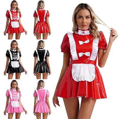 US Womens Maid Costume Carnival Dresses Nightclub Uniform Wetlook Apron Lingerie • $22.17