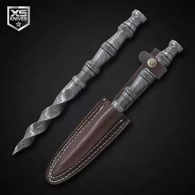 10  TRI EDGE TWIST HANDMADE Damascus Kris Blade Hunting Knife W/ Leather Sheath • $42.95