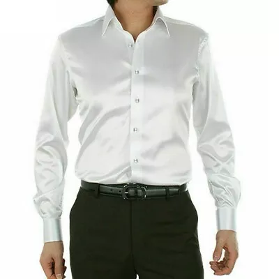 Men's Satin Shiny Silk Formal Casual Dress Wedding Sleeved Shirts Smart Blouse • £20.34