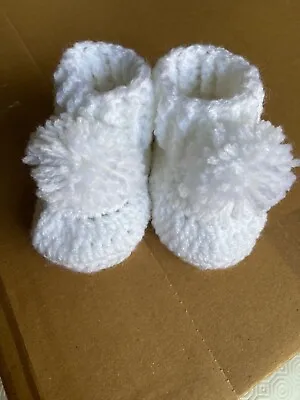 Hand Crocheted/knitted  white Baby Booties With Pom Poms - 0-3 Months  • £3