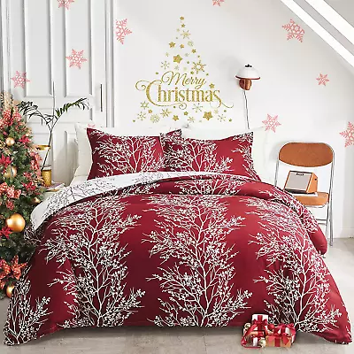 Burgundy Red Botanical Comforter Set Queen Full Size Red And White Tree Branch  • $44.44