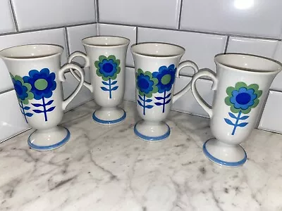 Vintage Retro Pedestal Coffee Cup Mug Green Blue Mod Hippie Flower MCM Set Of 4 • $35