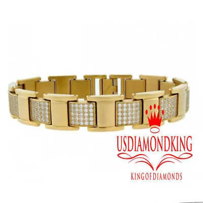 Full Solid Stainless Steel Simulate Diamond 14K Gold Finish Mens Bracelet 8.5   • $89.99