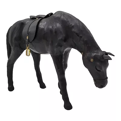 Vintage Leather Wrapped Black Horse W Saddle Stirrups Figurine READ DESCRIPTION • $19.89