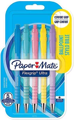 Papermate Flexgrip Ultra Retractable Pens - Med - 5 Pack - Pastel Black & Blue • £6